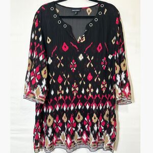 Fashion Bug Vintage Women's Pleated Tunic Plus Size 1X Colorful Tribal Print